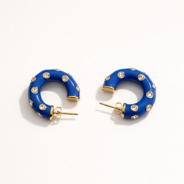 Blue Enamel Stone Hoop Earrings