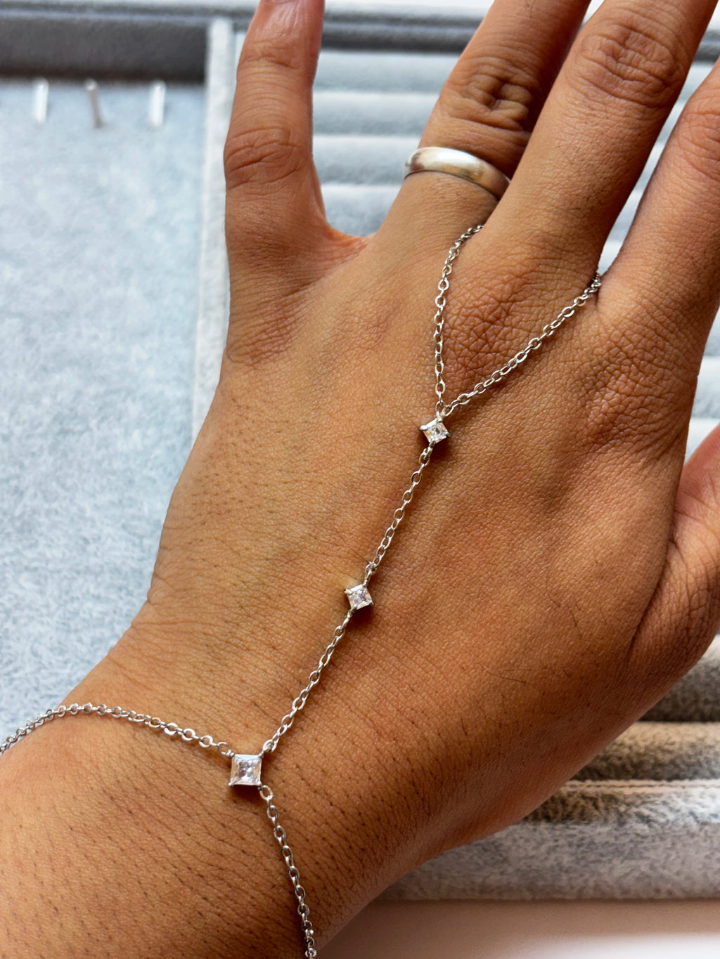 Triple Stone Hand Chain – Silver